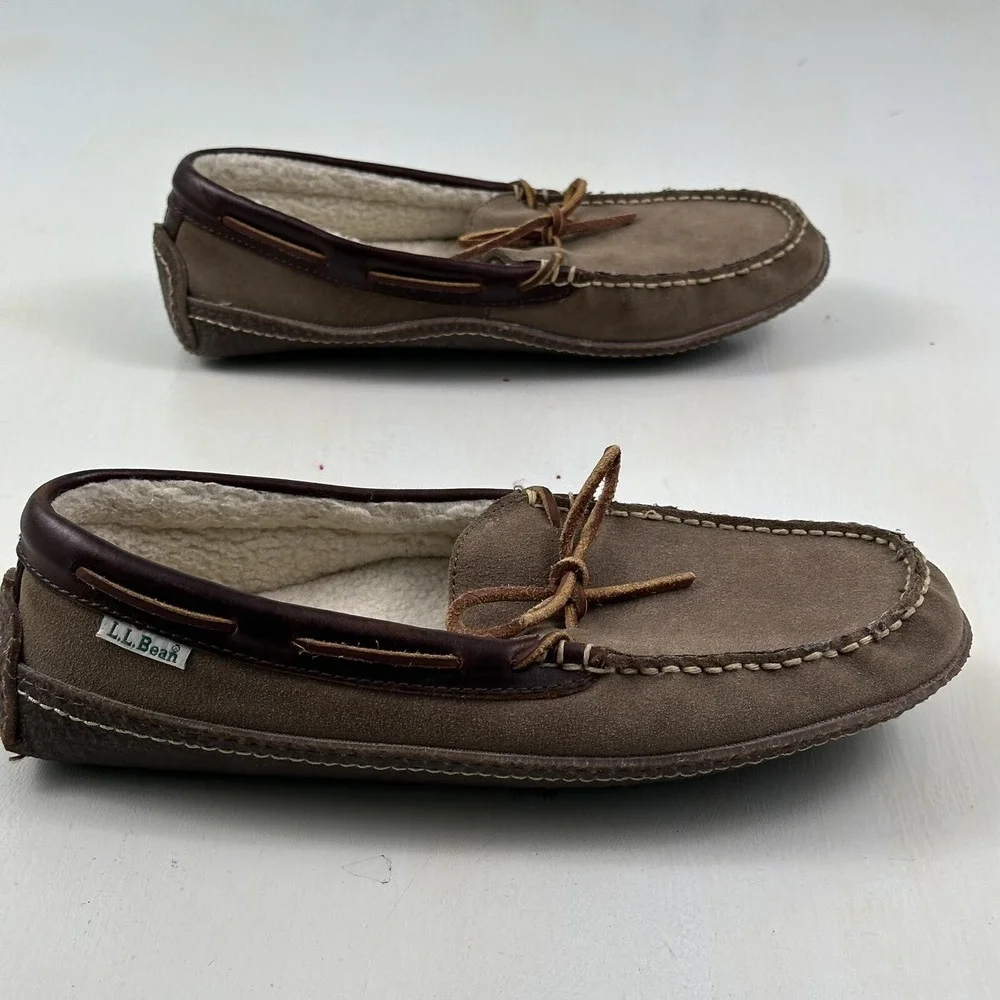 LL Bean‎  HandSewn Shearling Lined Slippers Mens 8Brown Roughout Suede Moccasins
